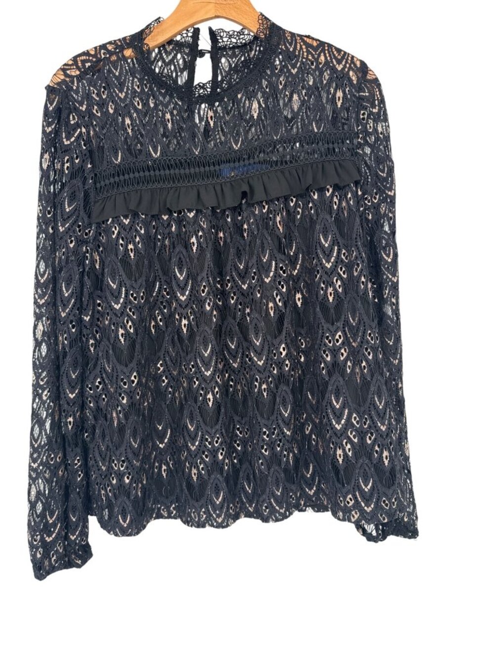 Francesca’s Blue Rain Black Lace gold metallic blouse top size large